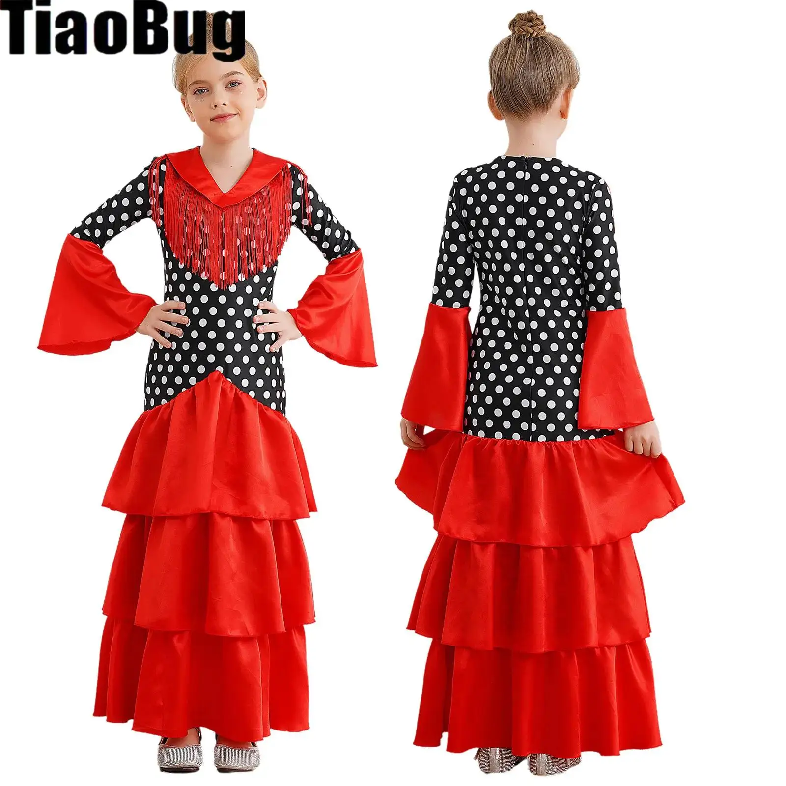 Traditionelles spanisches Flamenco-Tanzkleid für Mädchen, Gesellschaftstanzkostüm, V-Ausschnitt, ausgestellte Ärmel, abgestuftes Tanzkleid mit Polka Dots-Print