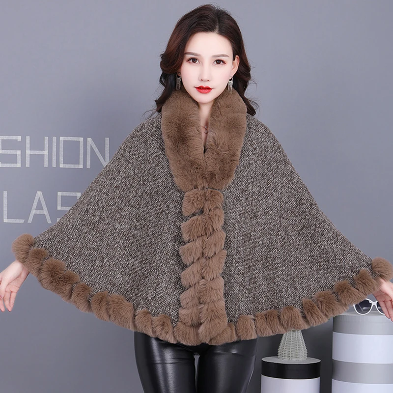 Women Winter Faux Fur Poncho Coat Cardigan Casual Fur Collar Shawl Cloak Thickened Warm Solid Color Fluffy Cape Wraps Black Grey