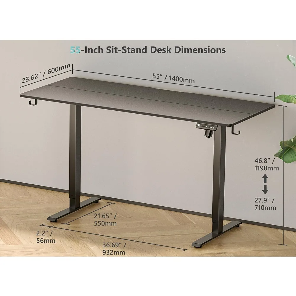 "24" electric desk, 55" tall, adjustable, 4-wheel, 4-height memory, 2-hook headphone stand, home office
