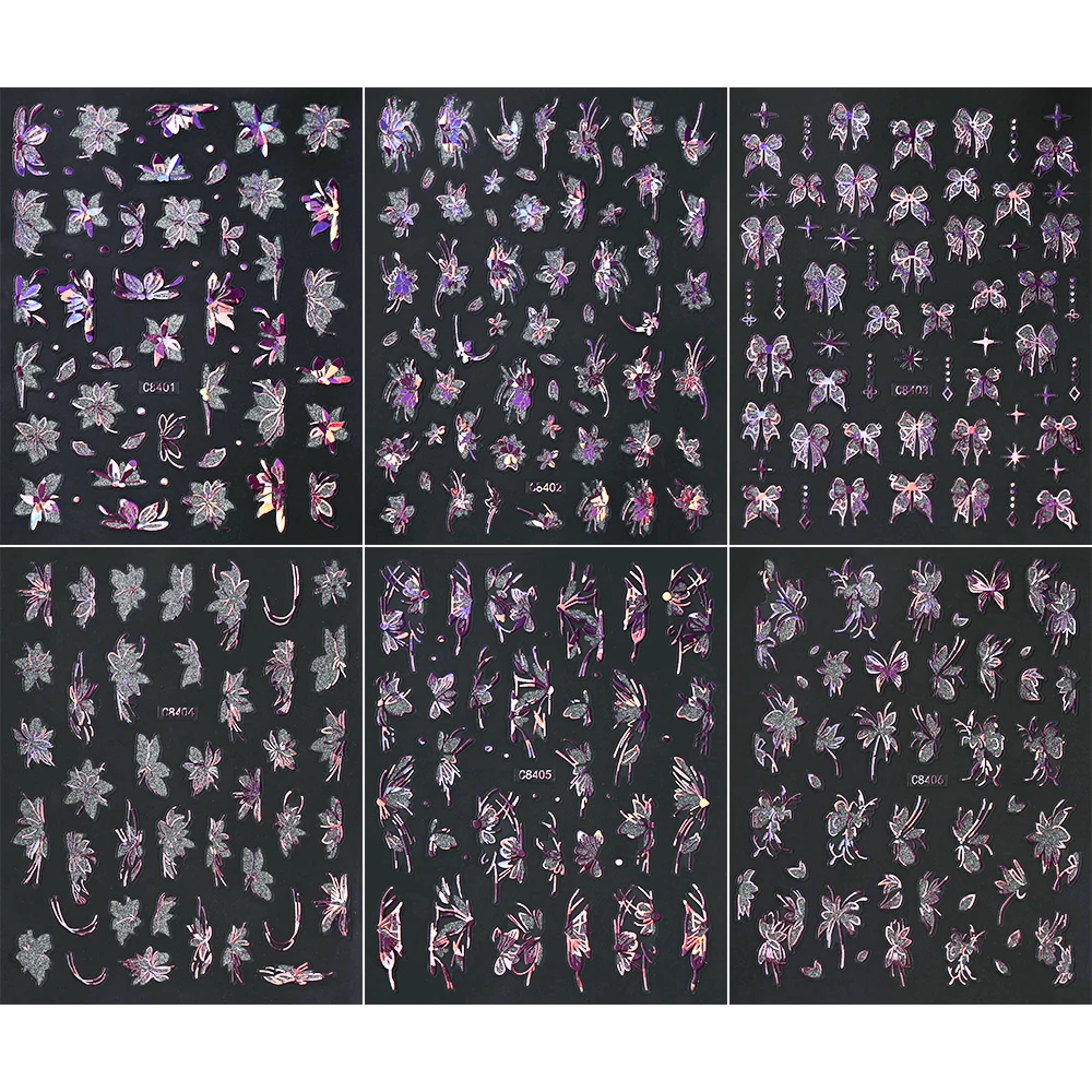 6Pcs/Set Bronzing Laser Butterfly Bow Nail Art Sticker DIY Spring Summer Flower Adhesive Decals 10*8cm Floral Manicure Sliders