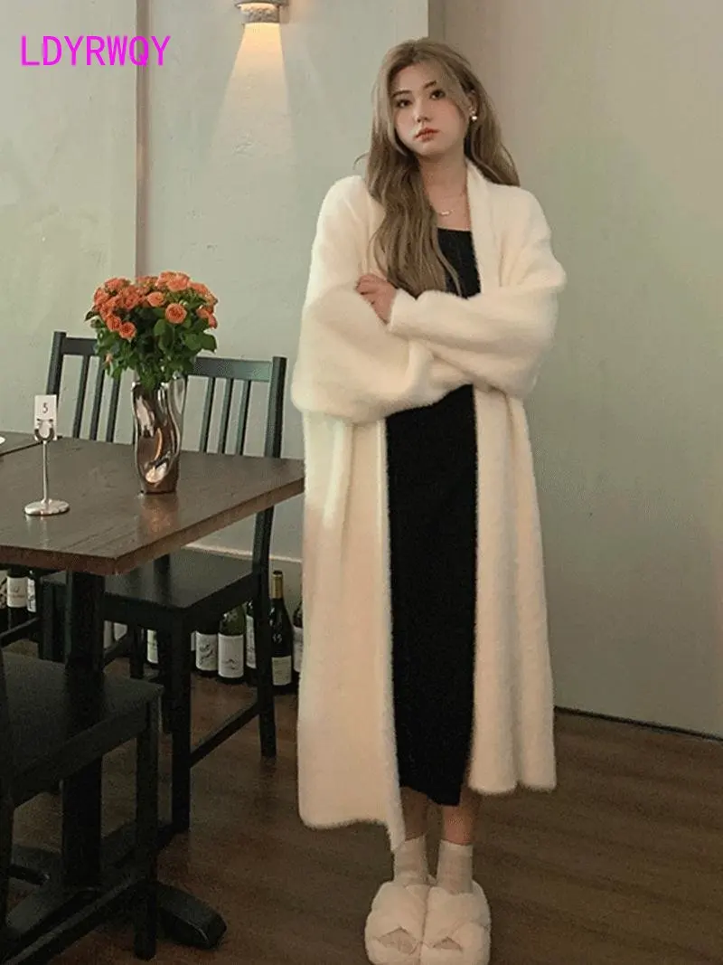 White knit cardigan sweater female autumn winter languid lazy wind imitation mink cashmere long