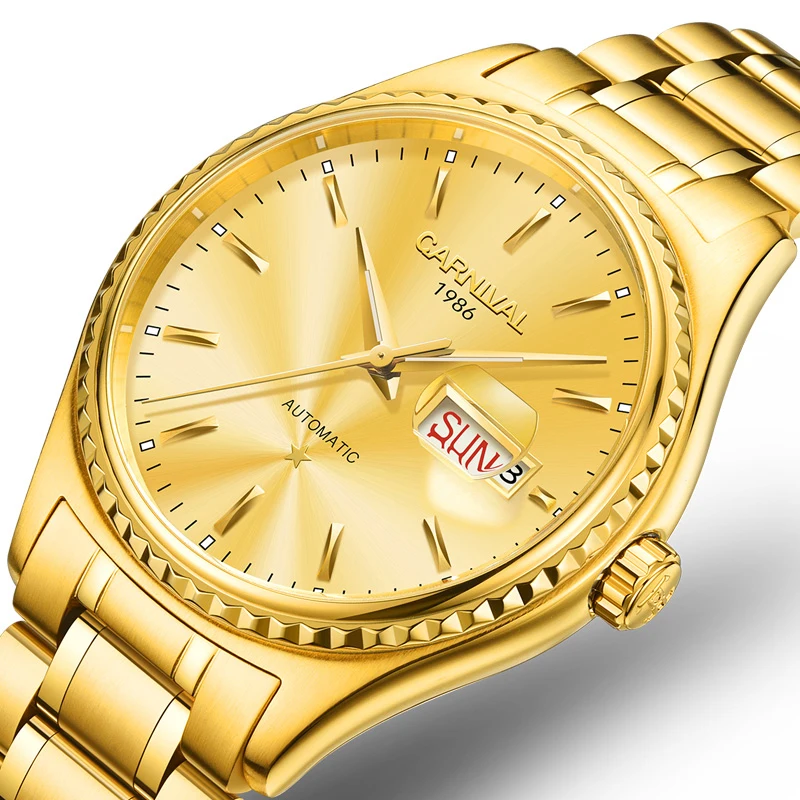 CARNIVAL Men Automatic Watch Full Gold Sapphire Crystal Dial Day Date MIYOTA Mechanical Luxury Business Male Wristwatch Reloj