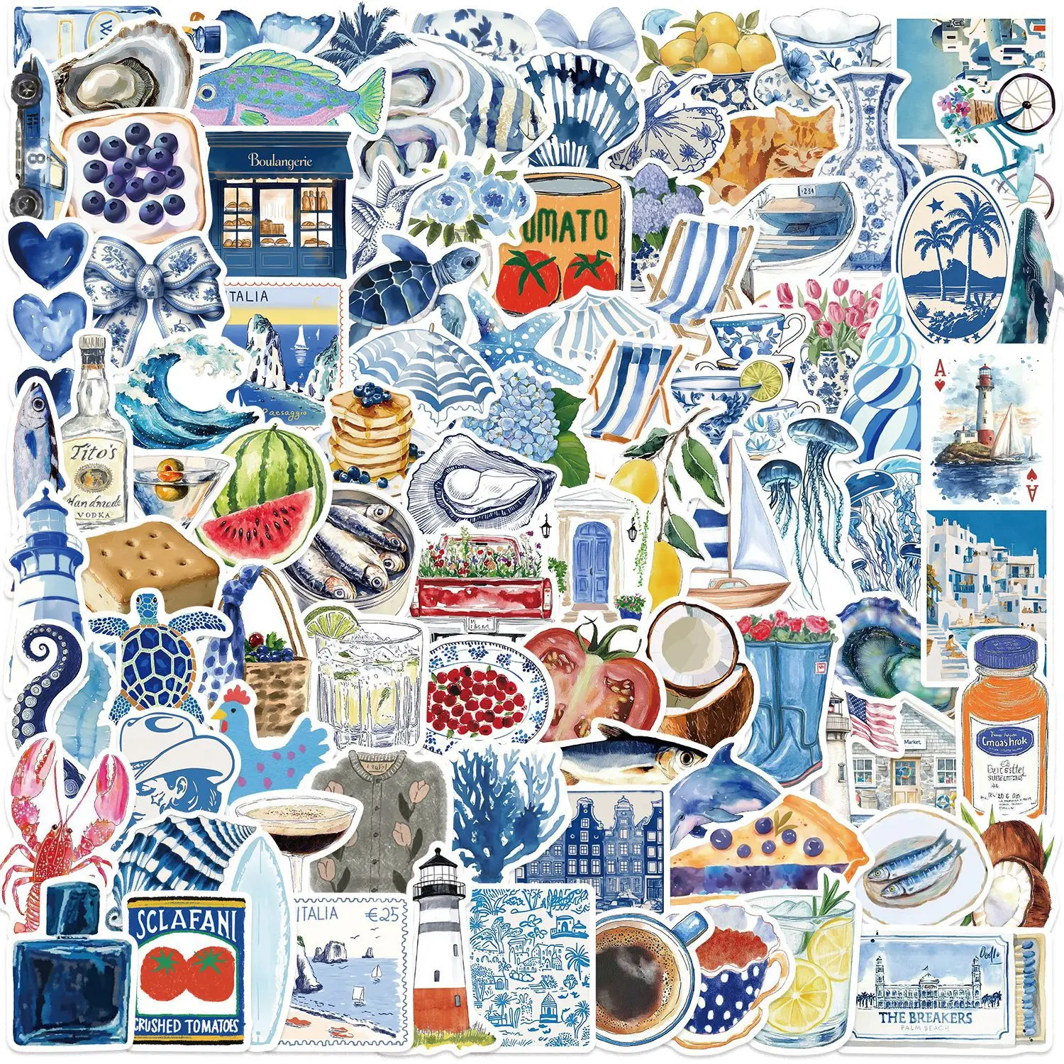 

100Pcs Cartoon Open Sea Stickers Blue Mediterranean DIY Stickers Scrapbooking Phone Luggage Skateboard Waterproof Decals