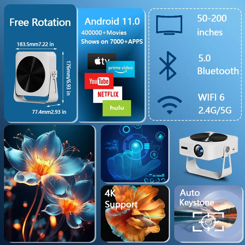 Native 1080P portable projector Supports 4K high-definition playback Automatic electronic focusing/adjustment 800 ANSI lumens