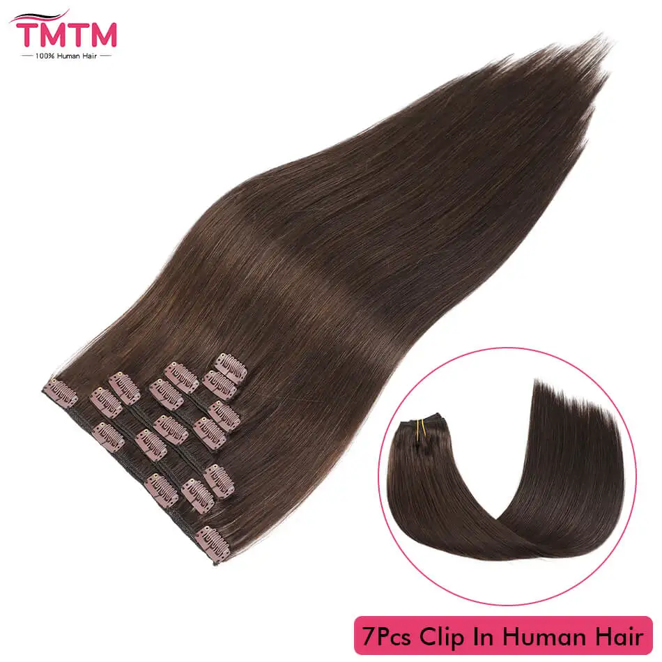 7Pcs/Set Clip ins Hair Extensions 12-22Inch Real Natural Hair Remy Straight Brazilian Clip in Human Hair Extensions Brown Color