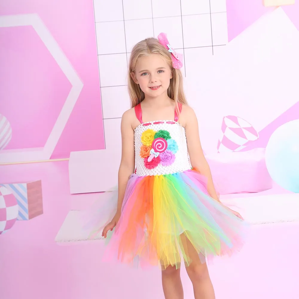 Girls Sweet Rainbow Candy Land Tutu Dress Halloween Party Baby Birthday Kids Flowers Lollipop Summer Dress Princess Tulle Gown