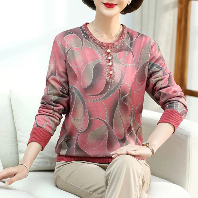 Autumn Winter Middle Aged Elderly Women Diamonds Print Elegant Fashion Knitted Sweaters Casual Long Sleeve Loose Pullovers Tops