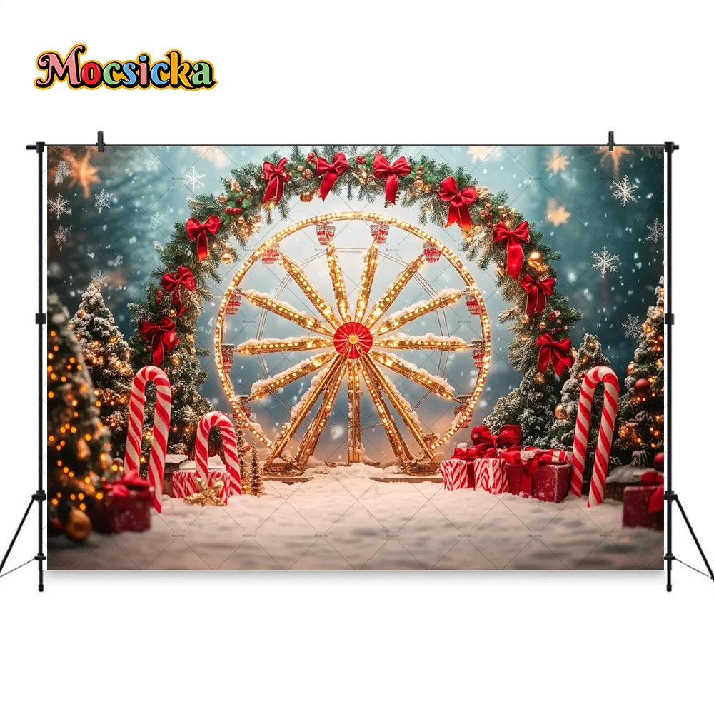 Christmas Ferris Wheel Background Photography Arch Xmas Wreath Gift Candy Cane Snowy Backdrop Decor Winter Kids Birthday Photo