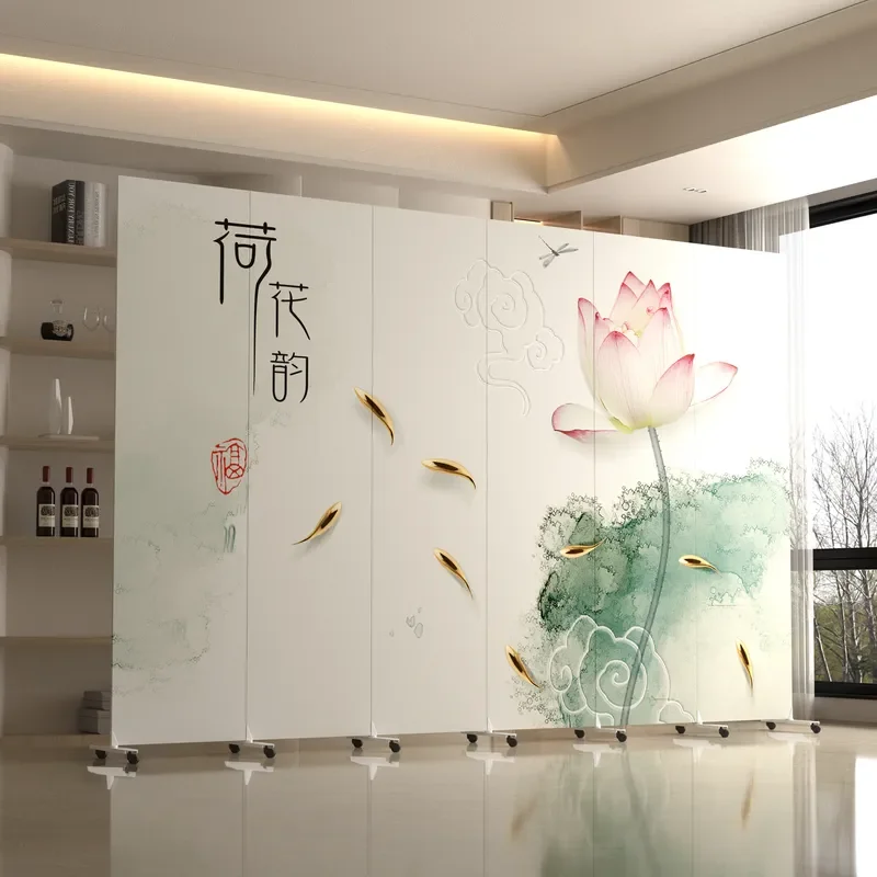 Chinese Style Folding Screen Divider Simple Lotus Pattern Portable Room Partition for Living Room Entrance Bedroom Office