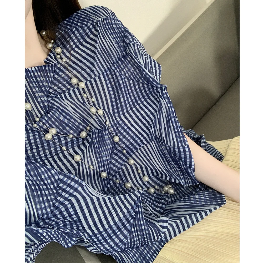 Miyake Style Pleated Top 2024 New Autumn Style Irregular Five-quarter Sleeve Loose Design Versatile T-shirt for Women