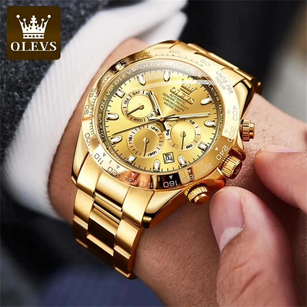 OLEVS Full Gold Automatic Wristwatch for Men Auto Date Waterproof High end Men\'s Watches