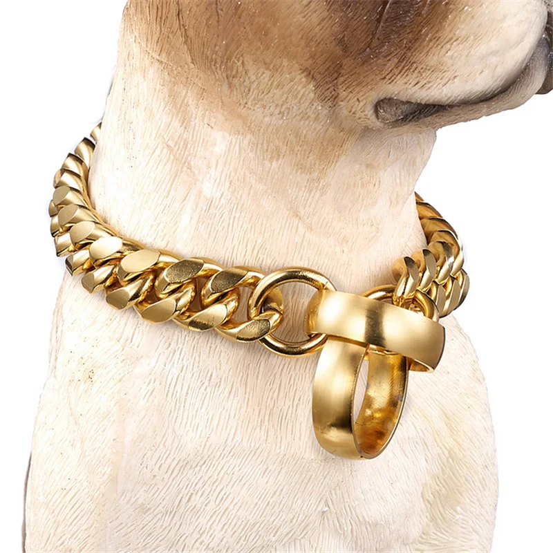 Chain Dog Collar Gold Cuban Link Dog Chain 14MM Thick Chain Collar Stainless steel titanium Heavy Duty Slip Dog Collars for Dogs