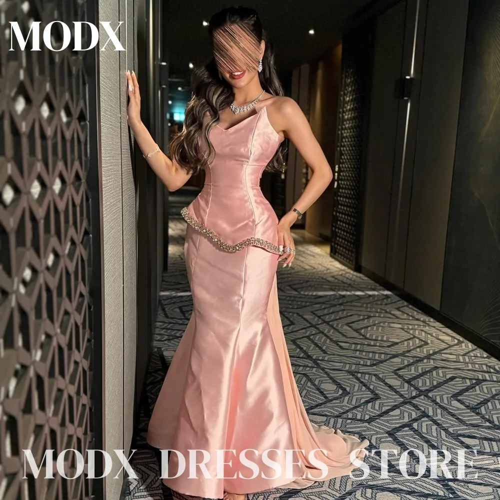 

MODX Elegant Pink Satin Mermaid Evening Dresses Chiffon Tailing Saudi Arabia Women Floor-Length Prom Party Gown Customized 2025