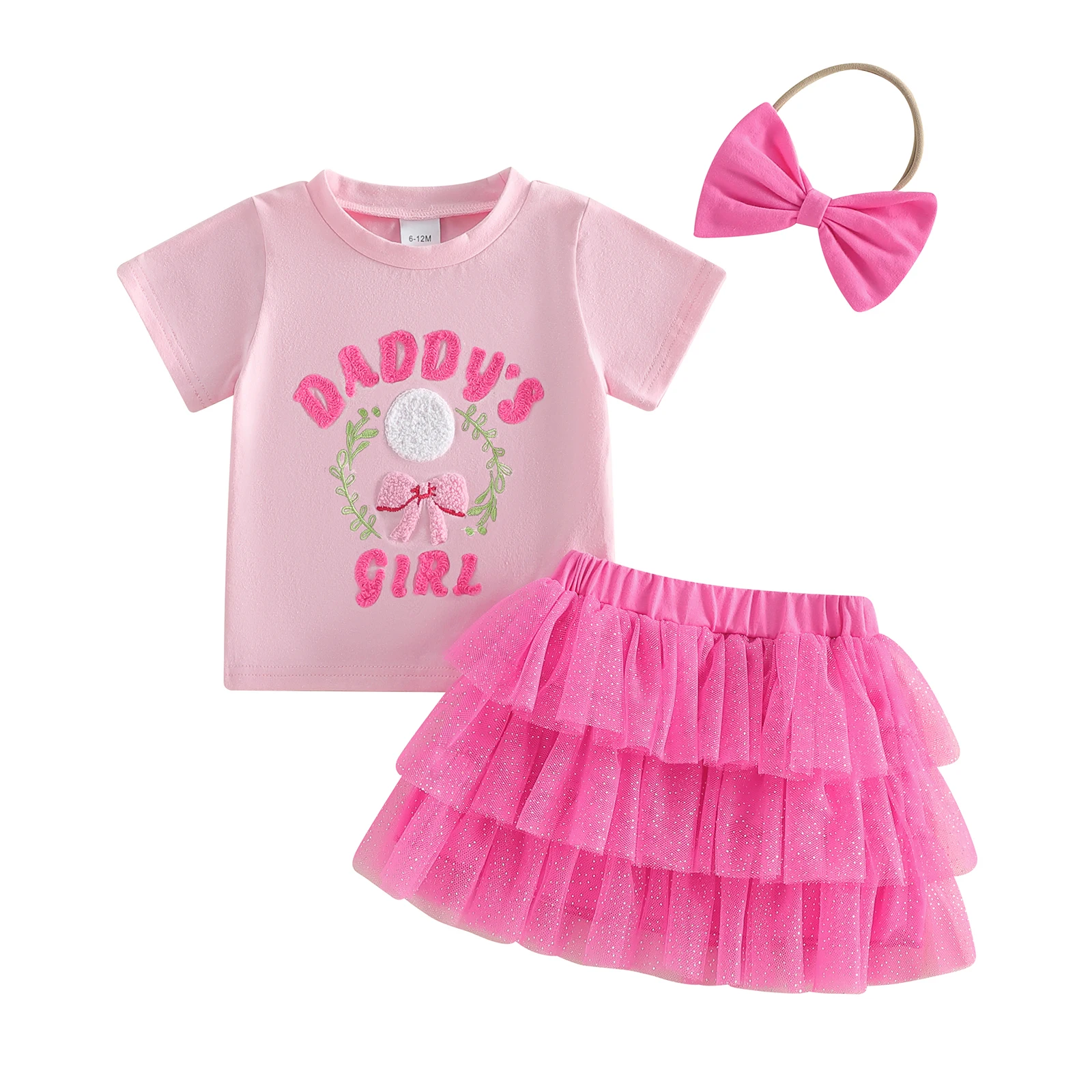 Conjunto de Golf para Bebé Niña: Camiseta Bordada de Manga Corta, Falda de Tul con Brillo y Diadema con Lazo - Set de Verano de 3 Piezas