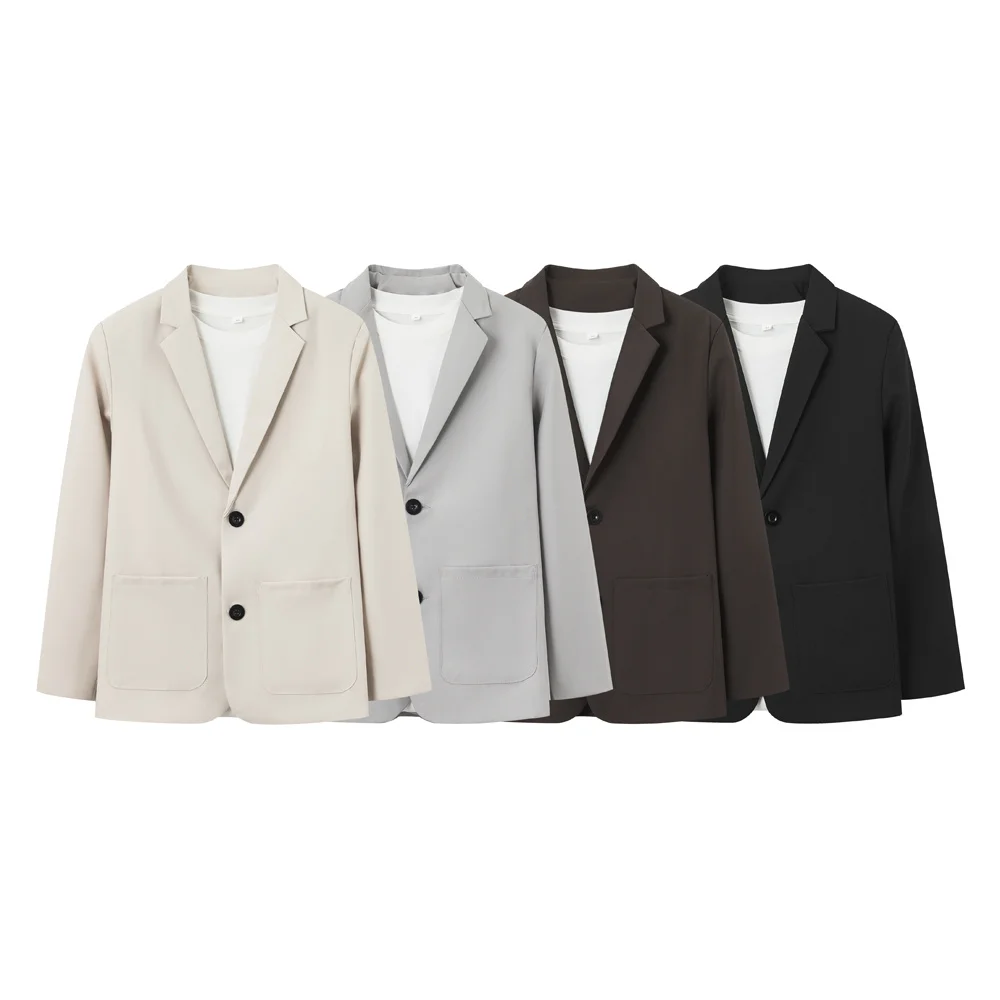 

Весенний модный стильный деловой однотонный повседневный костюм с большими карманами и двумя пуговицами, двубортный пиджак, очень удобный.