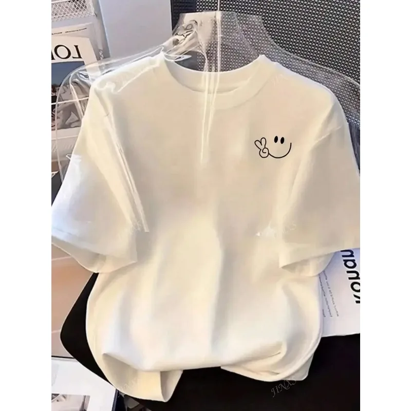 Short Sleeve Round Neck Tops Stylish Tee with Adorable Smile and Peace Sign Design Ideal for Curvy Ladies Into Playful Fashion