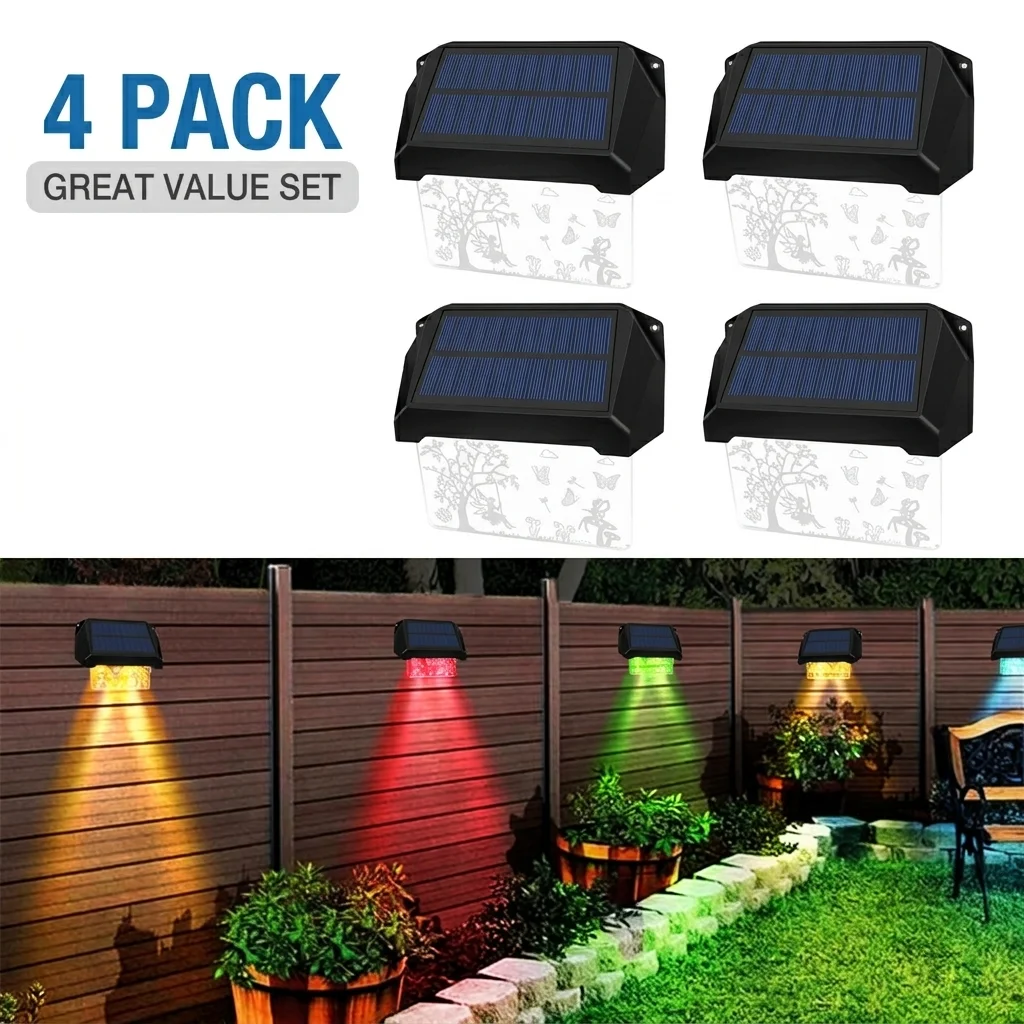 4 Packs Solar Fence Lights Waterproof 12 Modes Multi-color 3D Fairy Garden Decoration Wall Lamp for Railing Deck Pathway Stairs