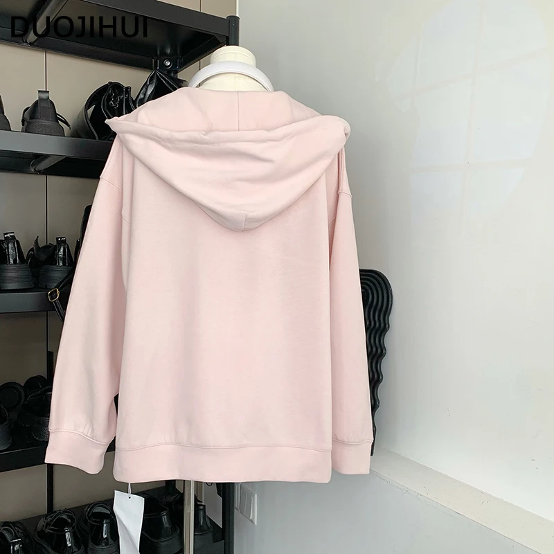 DUOJIHUI Three Piece Loose Pink Hooded Female Hoodies White Lace Camisole Top Fashion Drawstring Skirt Chic Zipper Women Hoodies