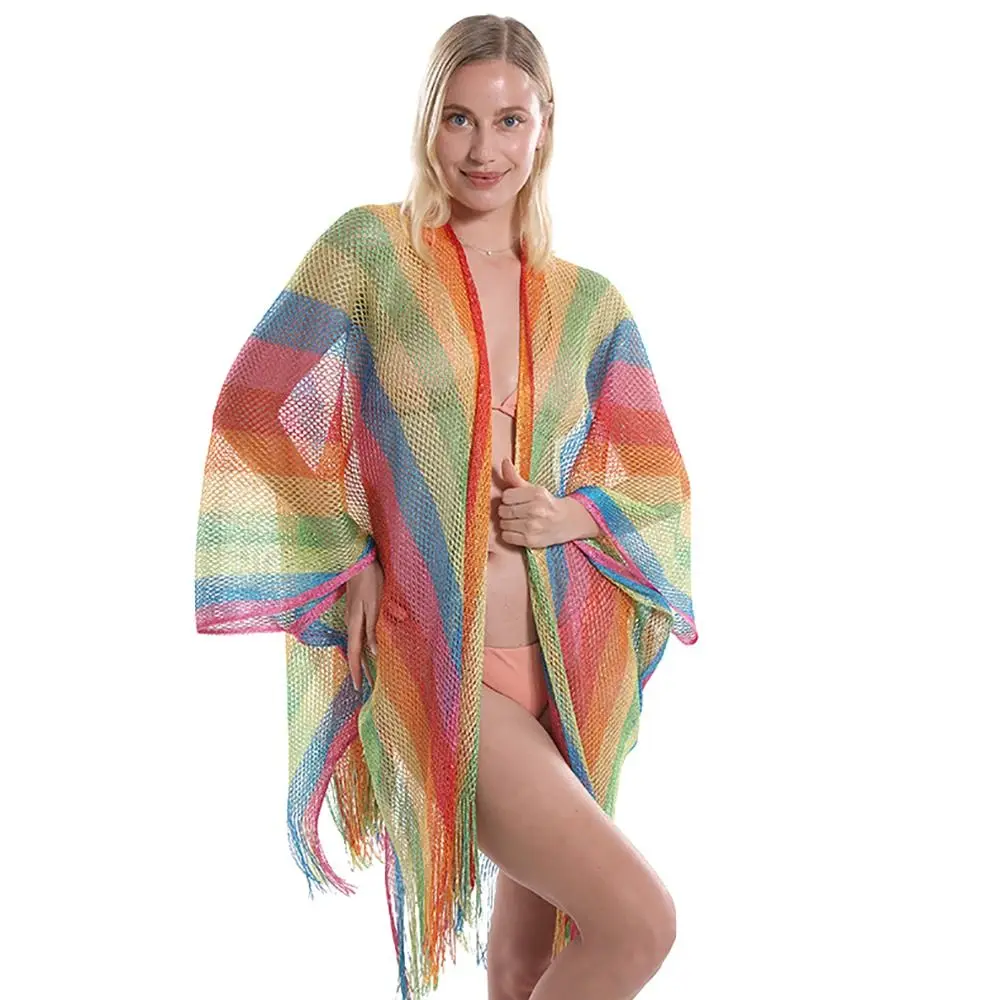 Fashion Multicolor Sunscreen Shawl 210*75cm Long Tassel Beach Towel Sunshade Travel Sexy Mesh Shawl Beach