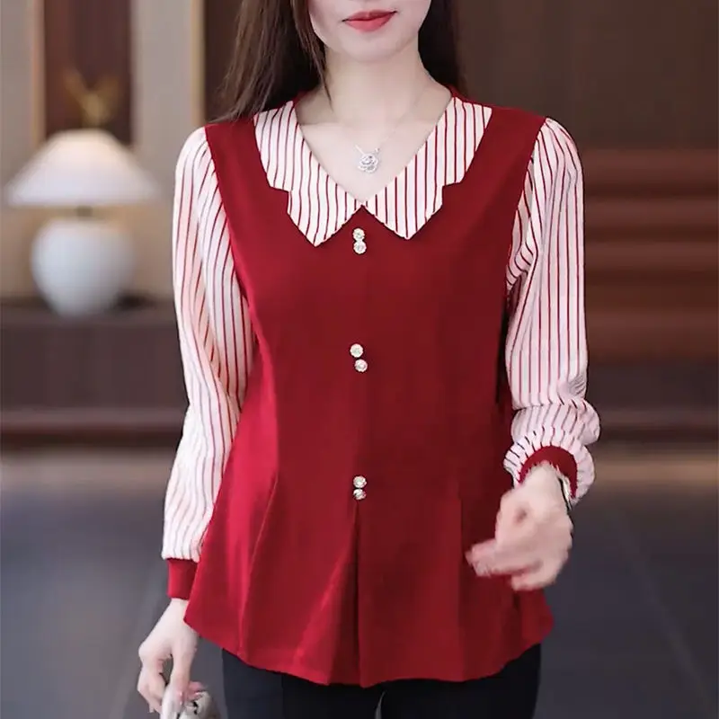 Women Korean Fashion Striped Patchwork Blouse Elegant Long Sleeve Slim Shirt Spring Autumn Casual Commute Tops Blusas Para Mujer