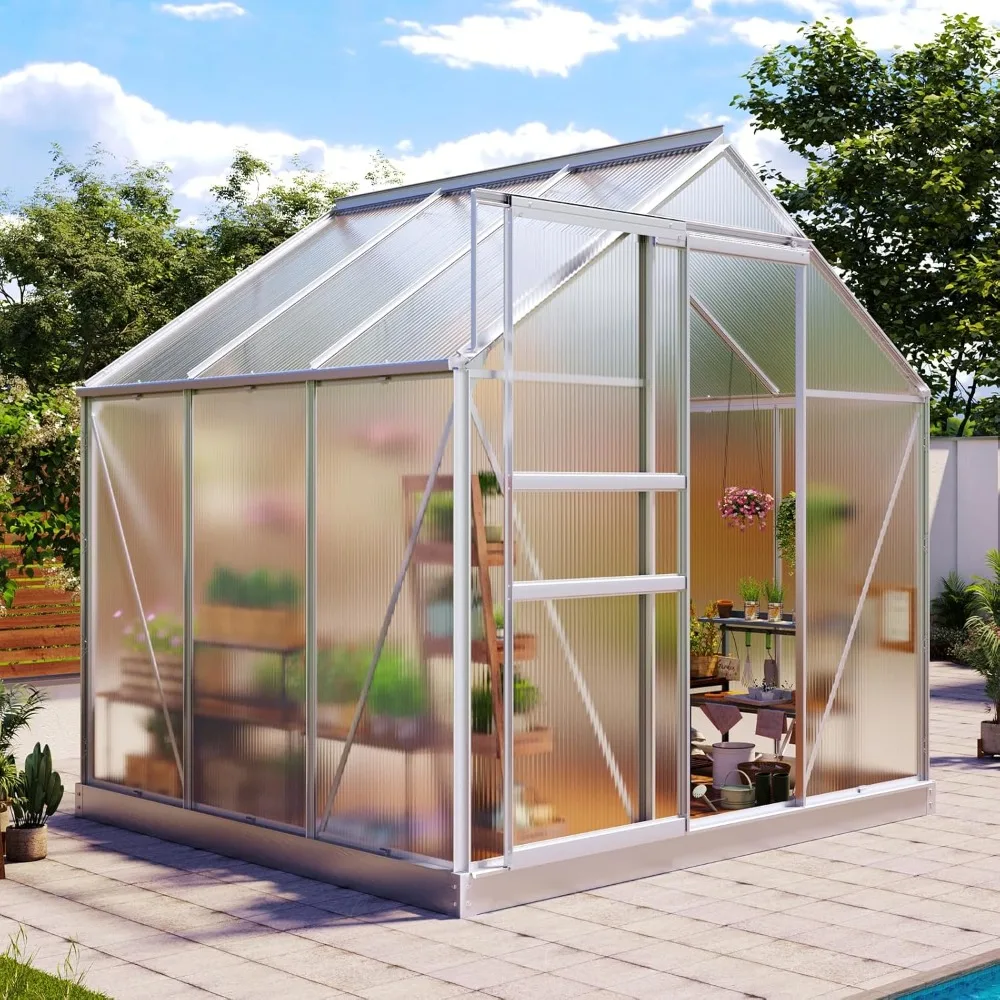 

Polycarbonate Greenhouse, Heavy Duty Walk-in Aluminum Greenhouse for Outdoors, with Ventilation Window, Sliding Door, Rain