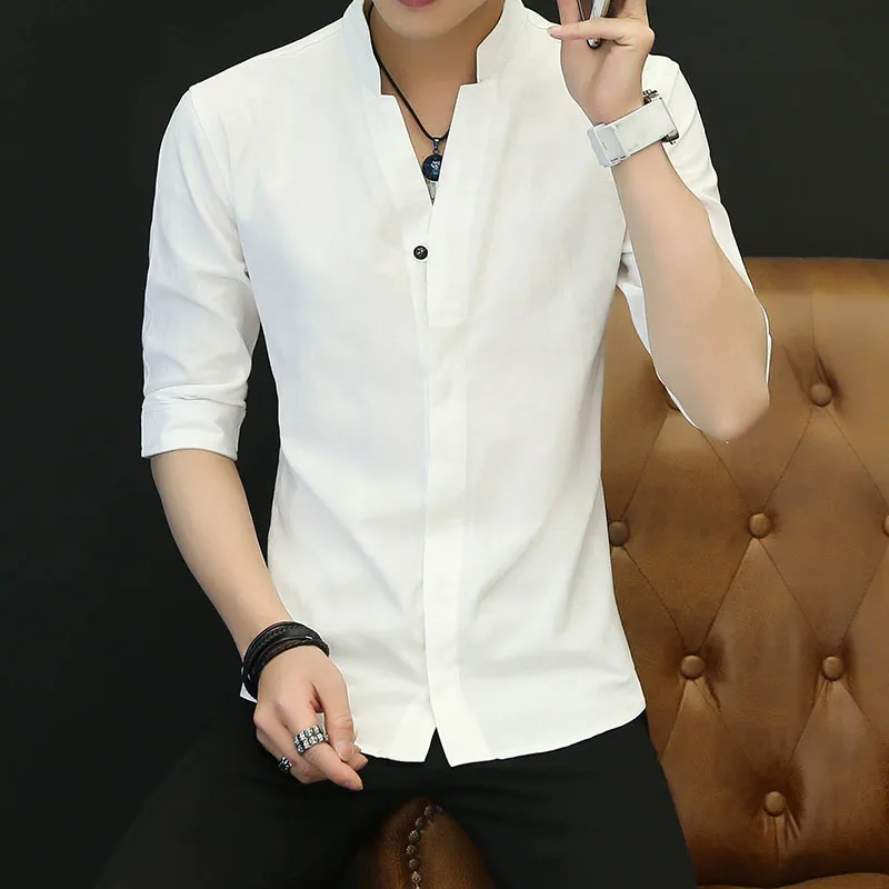 

Loose Casual Men's Shirt Stand Collar Half Sleeve Silk Material Machine Washable Japanese Style Vintage Pure Color Spring Summer