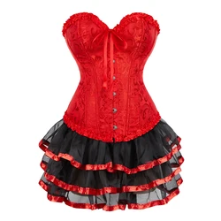 Red Overbust Corset Dress Set Outerwear Waist Bustier Top with Layered Mesh Mini Skirt