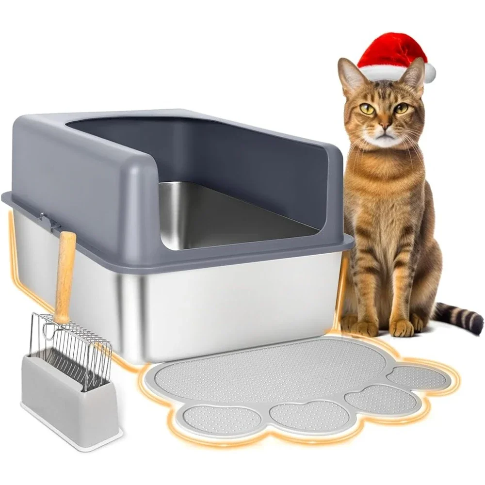 Stainless Steel Litter Box with Lid, High Sided Kitty Litter Box, Cat Supplies, Pet Products, Home