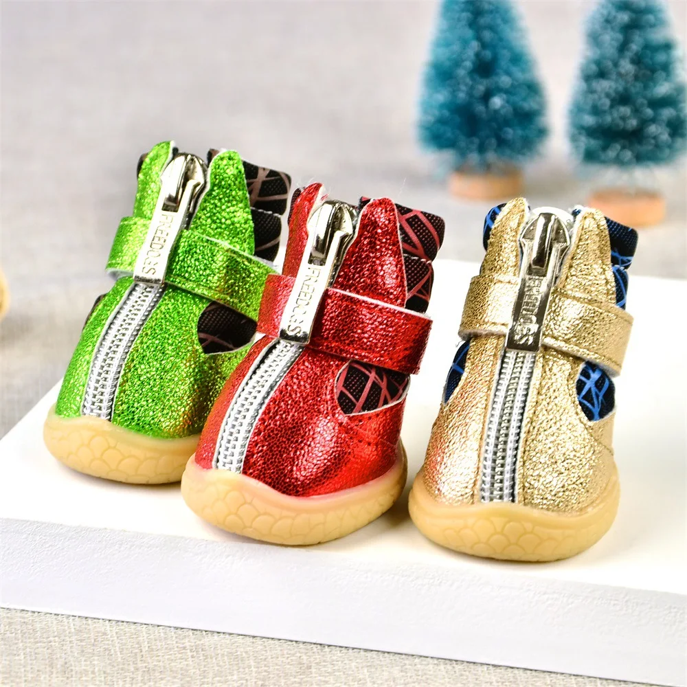 

Winter Teddy Bears Dog Shoes Flocking Droplet Plastic Colored Gold Leather Decorative Pet Shoes