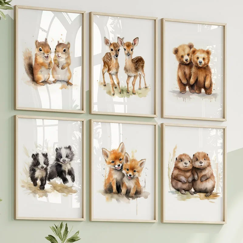 Multi-size 1PC frameless high-definition decorative paintings,Rabbit Fox Owl Deer Wolf Bear Cub Wall Art Canvas Painting Nordic