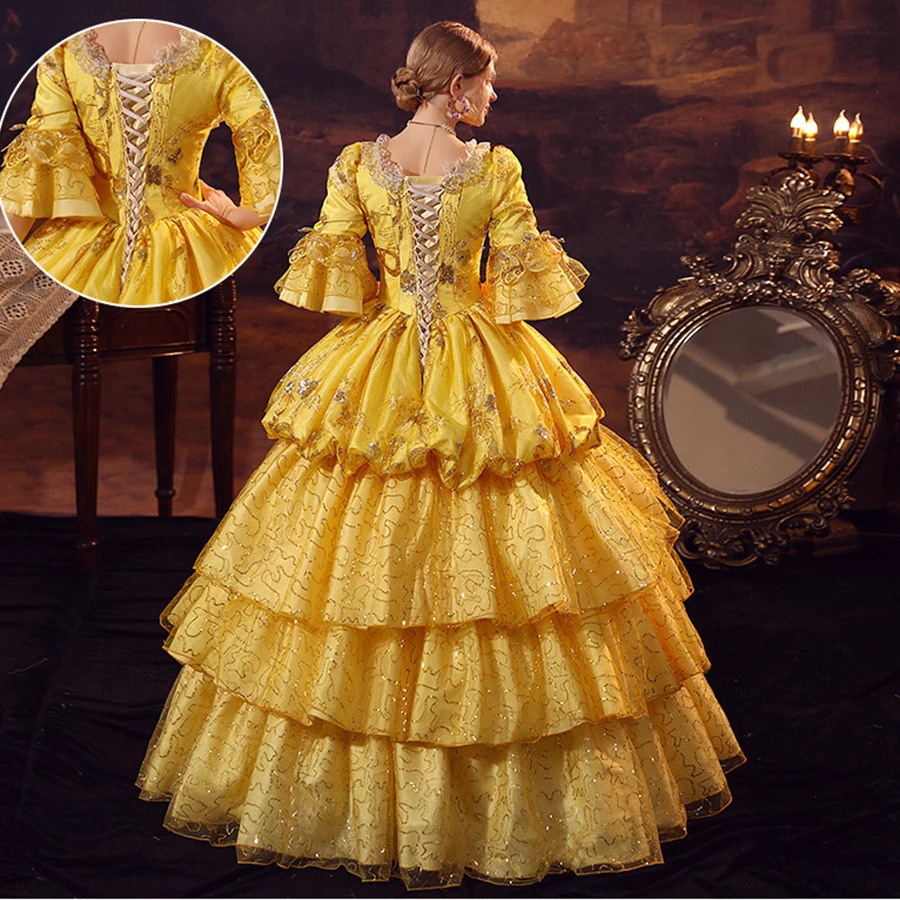 GUXQD splendido giallo floreale giallo donna Vintage 18th Ball Gown abiti High End Masquerade theatre Costume abiti da compleanno