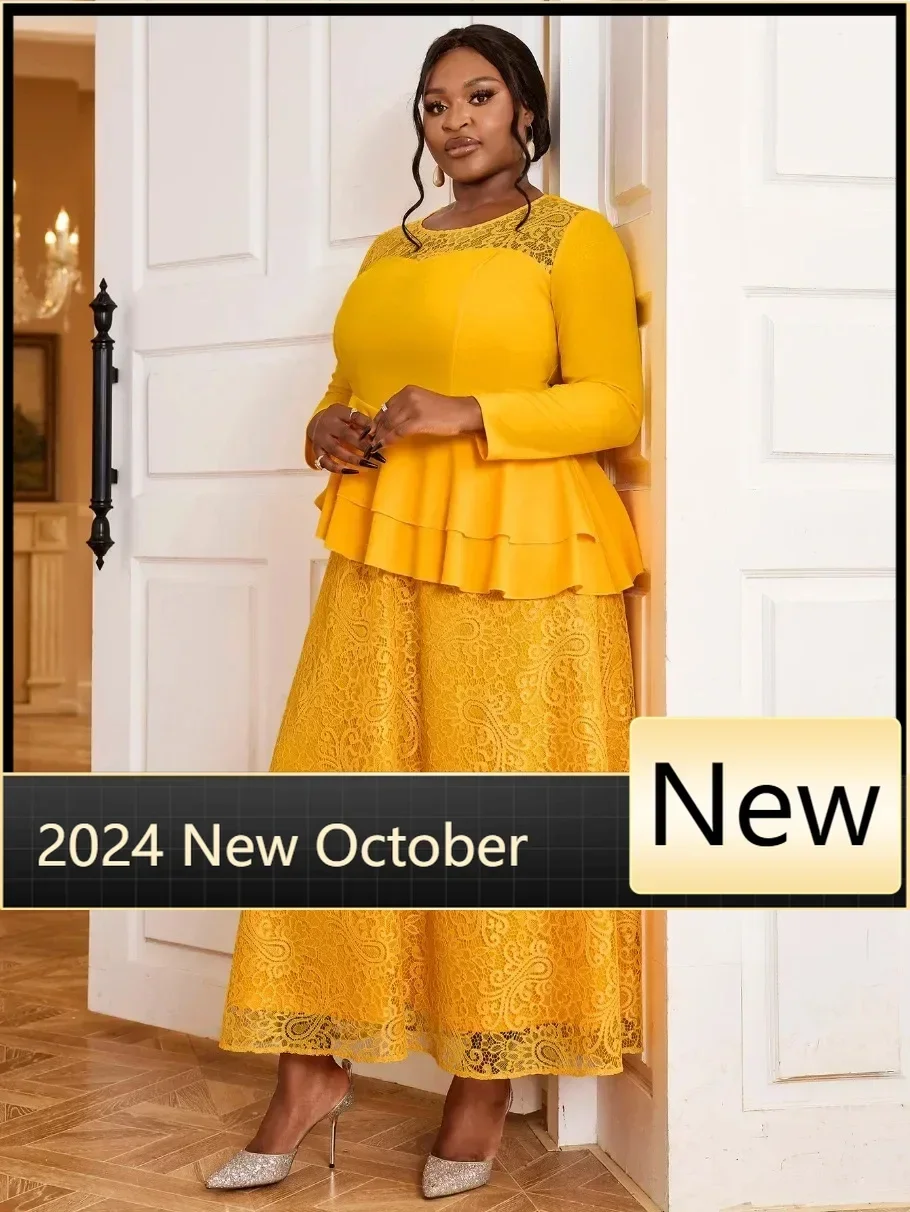 Vestido de retazos de encaje amarillo de otoño para mujer, cuello redondo, manga larga, imperio, Peplum, línea A, elegante, invitados de boda, cumpleaños, batas para eventos de noche