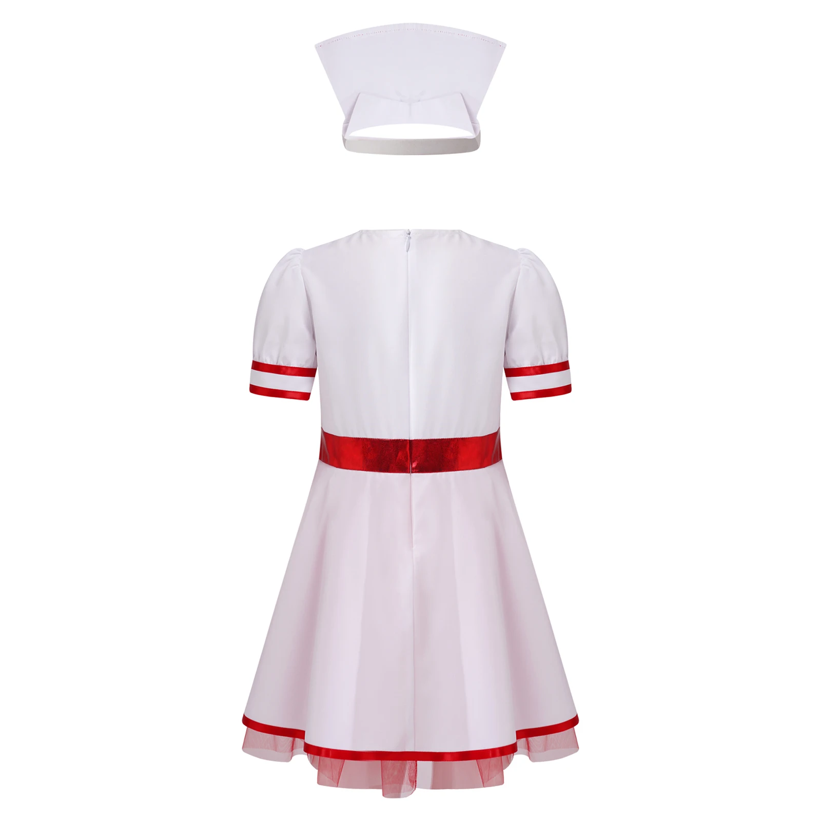 Kids Girls Nurse Uniform Cosplay Costume Puff Sleeve Cross Nurse Dress with Hat for Halloween Carnival Party Role Play Dress Up