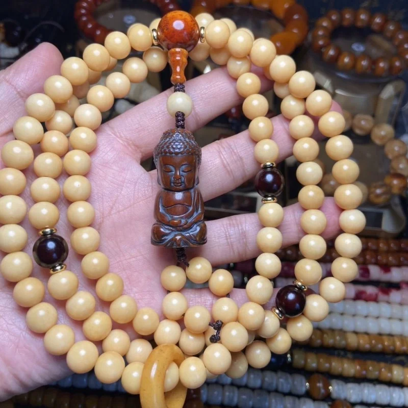 Genuine camel bone old material, chicken oil yellow, 10mm perfect round, 108 beads, complete set of natural necklaces