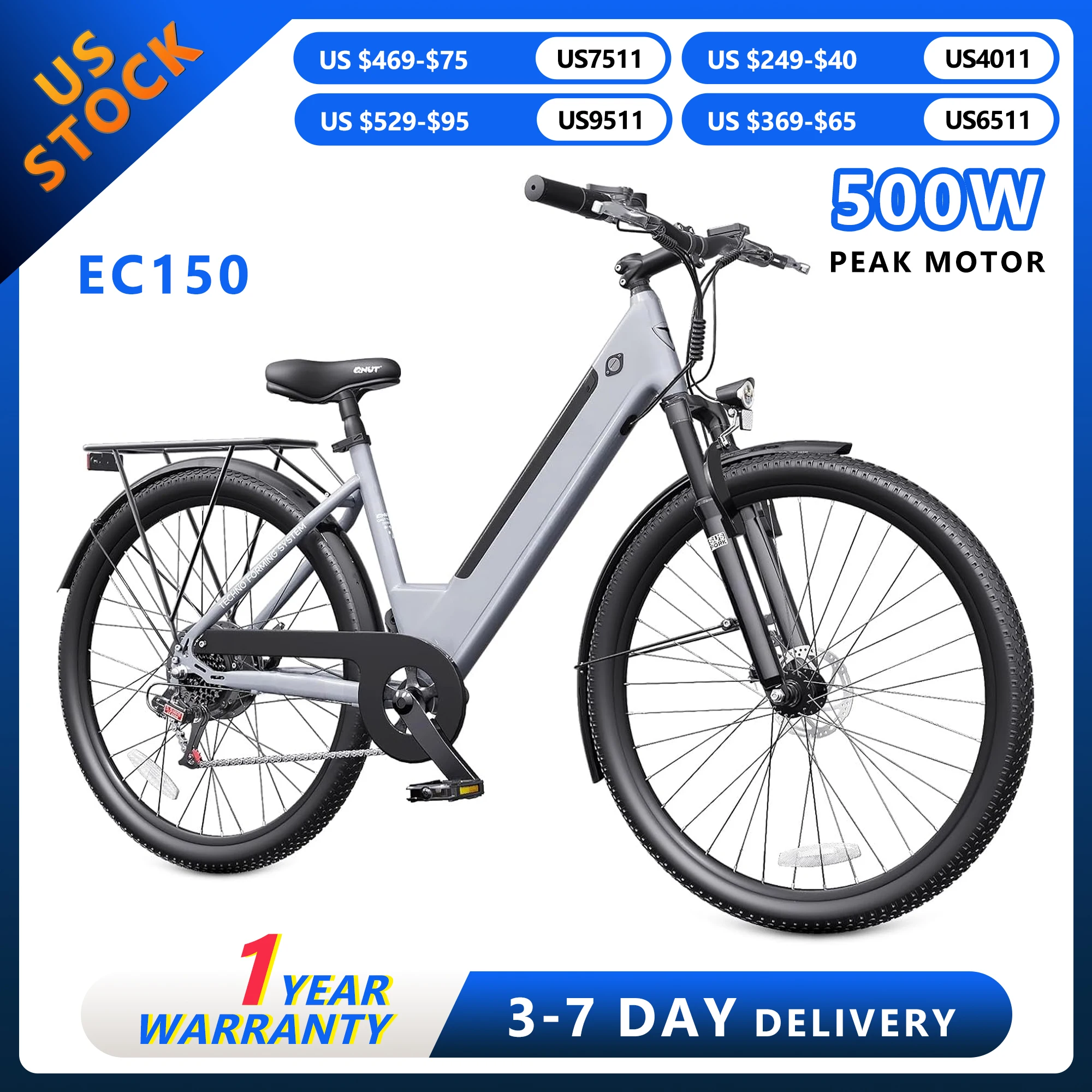

QNUT EC150 Electric Bicycle for Adults Peak 1000W Motor, 7-Speed Commuter E-Bike , Max 22MPH Electric Bike