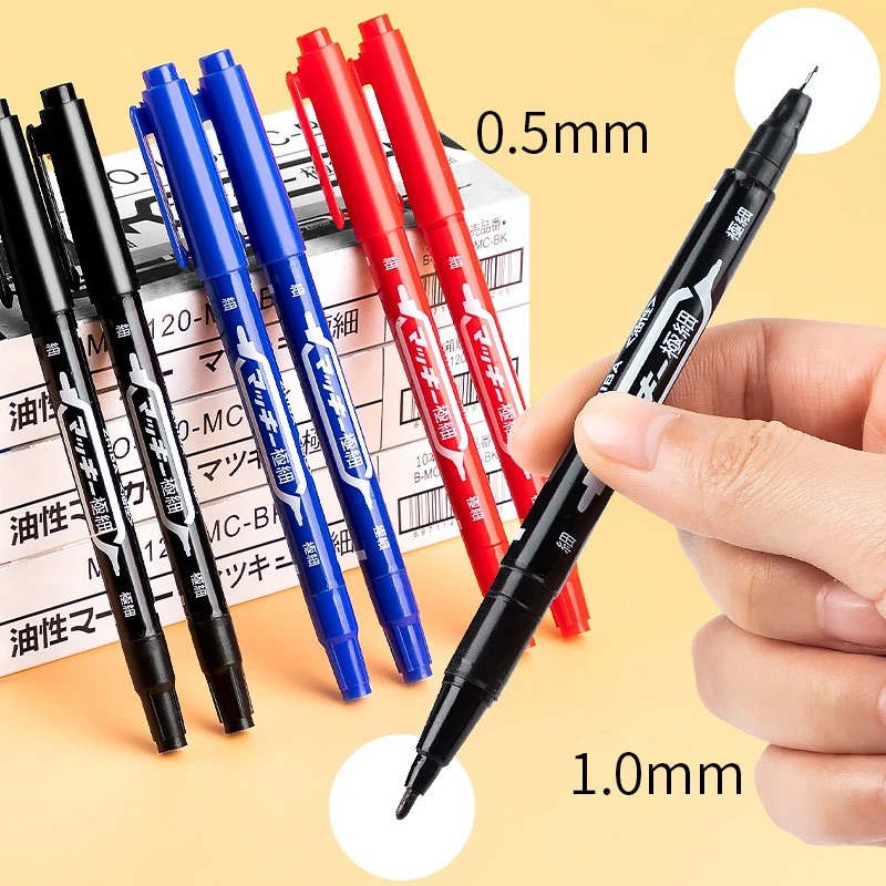 10pcs  Twin Tip Permanent Marker Pen Oily Fine Point Waterproof Ink Thin Nib Crude Black Blue Red 0.5mm 1mm Drawing