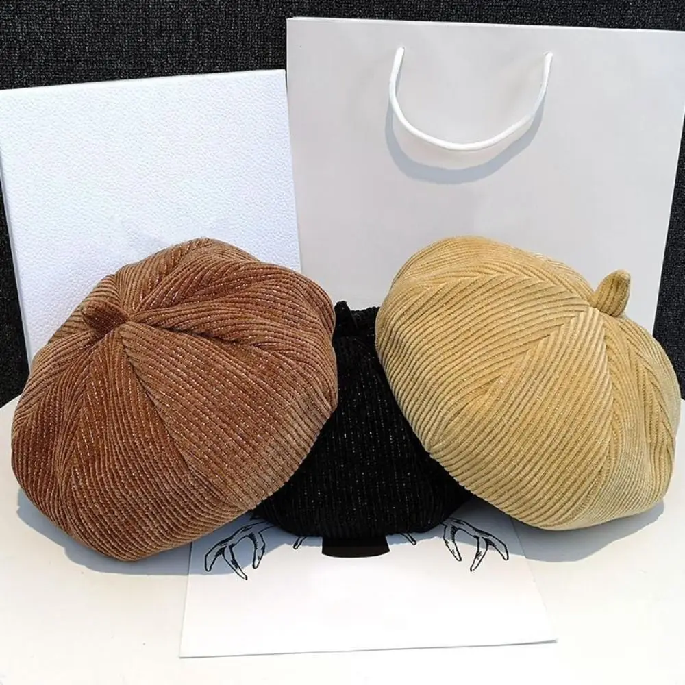 Casual Retro Beret Hat Artistic Solid Color Painter Hat Warm Adjustable Corduroy Hat for Women
