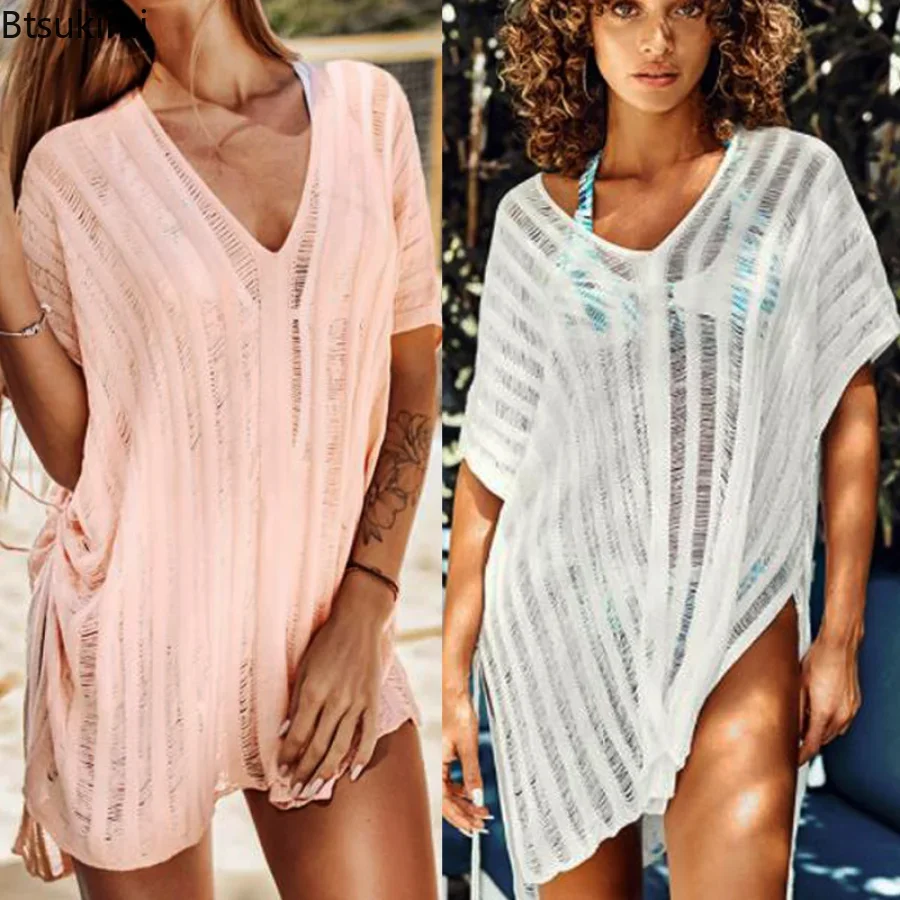 

Summer Sexy Mini Dress for Beach Bat Sleeve Loose Casual Hollow Out T-shirt Dress Women Beach Bikini Cover Up Tunic Beach Dress