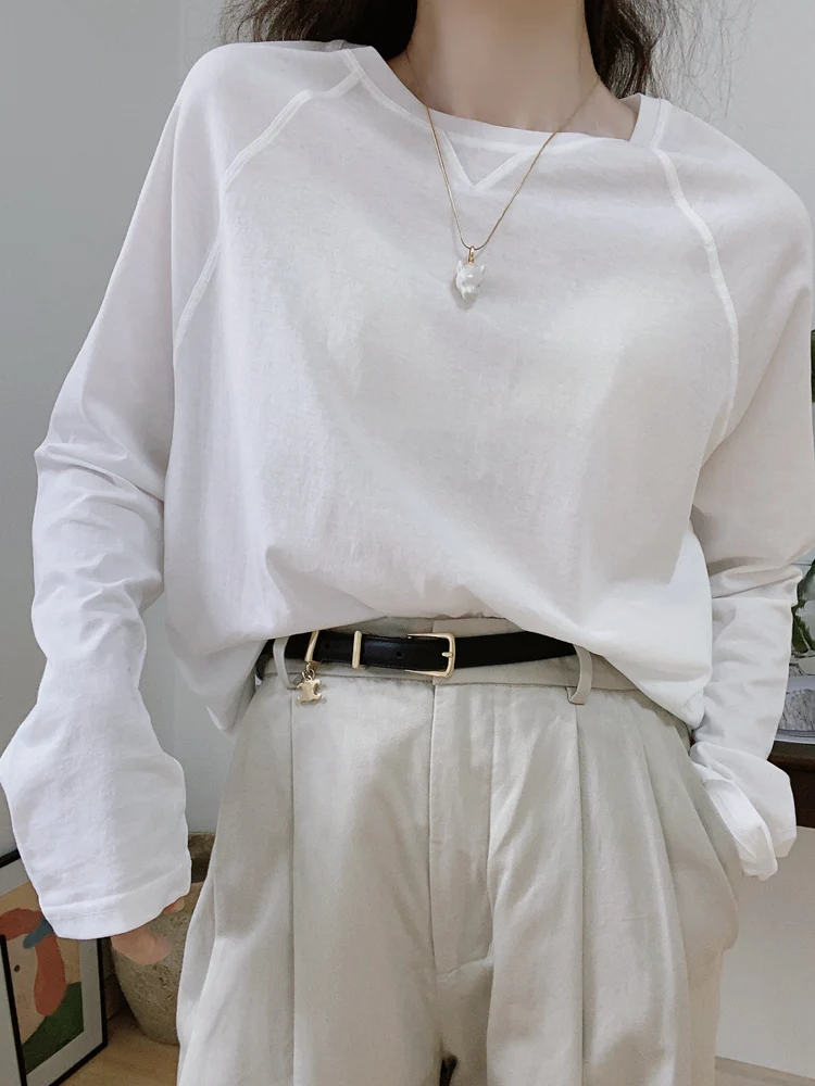 

Ранняя осень, женская хлопковая футболка Long Sve, тонкая, свободная, с защитой от ультрафиолета, повседневная, белая, большого размера, с чехлом