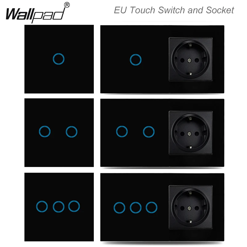 1 2 3 Gang EU Touch Wall Switch and Socket Wallpad Black Glass Backlight Led Switches Interruptor Tomada with USB Outlet Eu Box