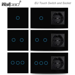 1 2 3 Gang EU Touch Wall Switch and Socket Wallpad Black Glass Backlight Led Switches Interruptor Tomada with USB Outlet Eu Box