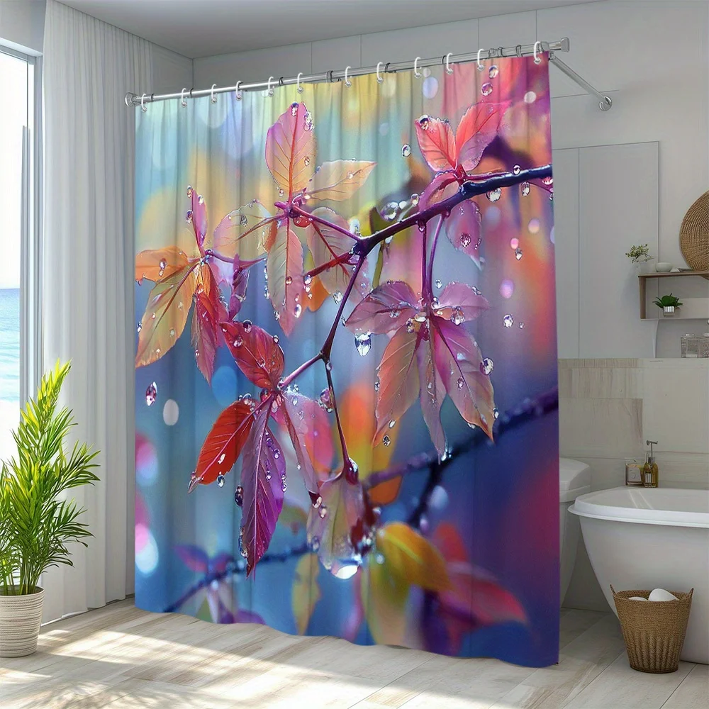 ستارة دش بأوراق الندى النابضة بالحياة - فن طبيعي ملون لديكور الحمام الحديث، تصميم مقاوم للماء وسهل العناية #3