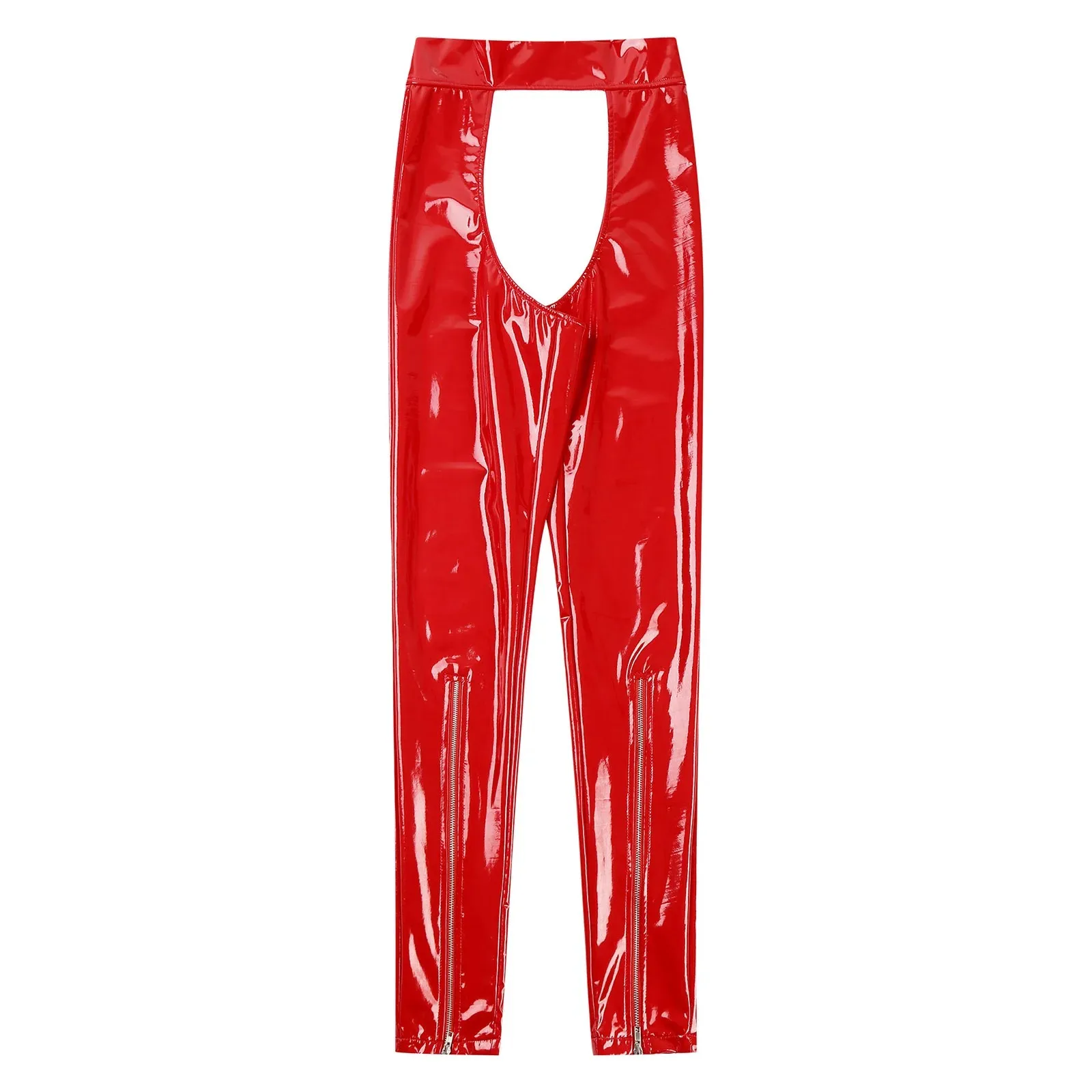 Womens Wet Look Patent Leather Lingerie Crothless Leggings Open Crotch Backless Zipper Leggings Skinny Pants Clubwear