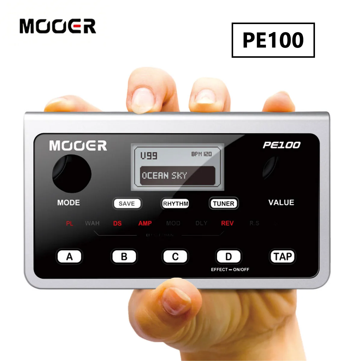 MOOER PE100 Portable Multi-Effects Processor – 39 Effects, 40 Drum Patterns, 99 Presets, Built-in Tuner, Battery/DC Powered