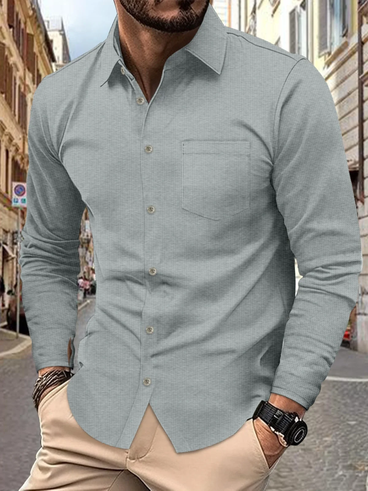 قميص رجالي عصري بأكمام طويلة ولون واحد، قماش وافل، مريح وفضفاض، يمتص الرطوبة، مناسب للخريف، بياقة قابلة للطي