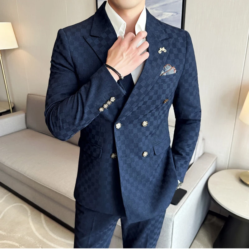 (Jacket+Pants) 2 Pieces Blue Apricot Business Party Men Suits Double Breasted Formal Style Custom Made Wedding Groom Tuxedos