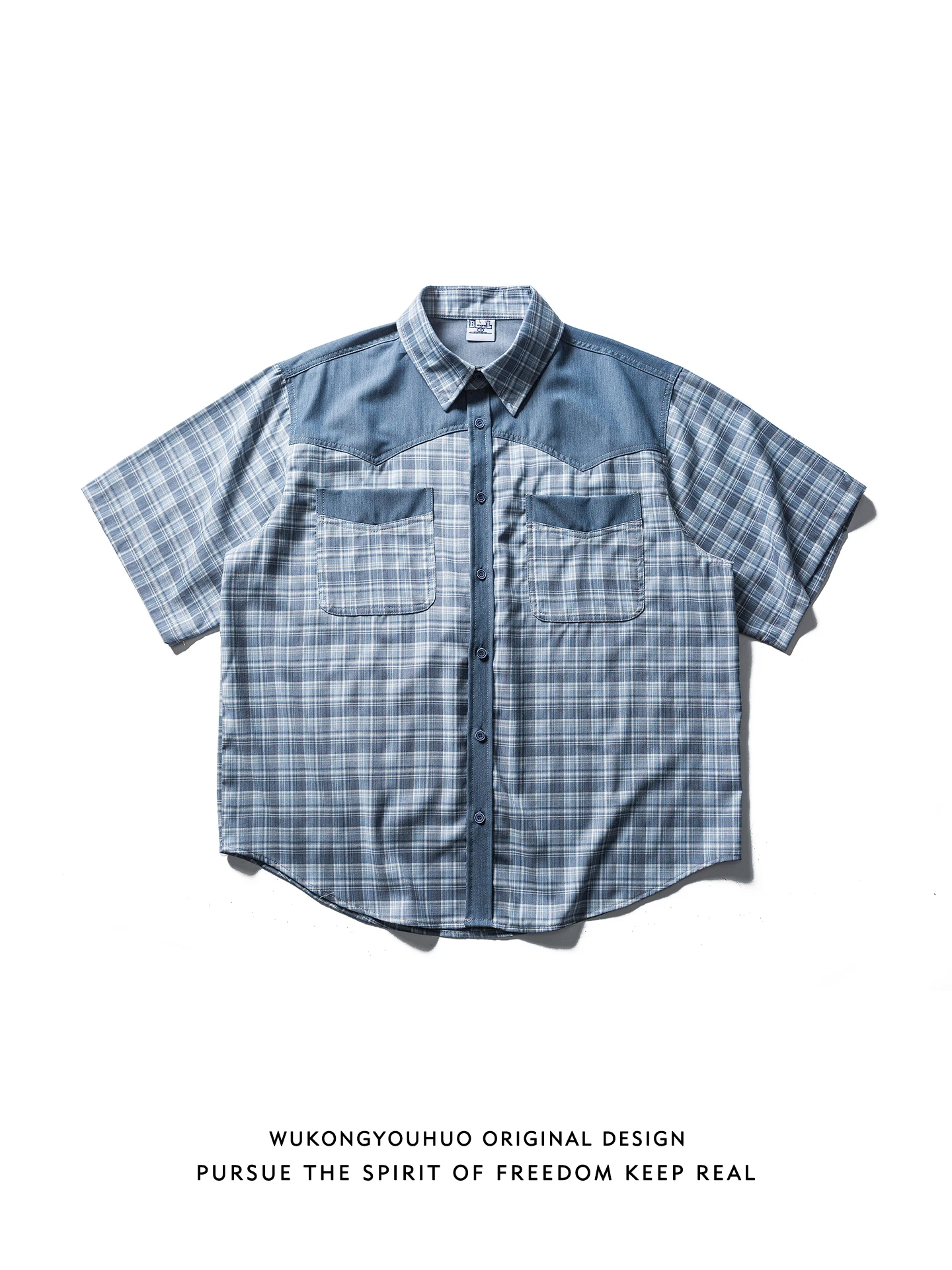 

Trendy Plaid Denim Patchwork ort Sve Loose Fit Summer Casual irt for Men And Women Youth ular Wear Resistant