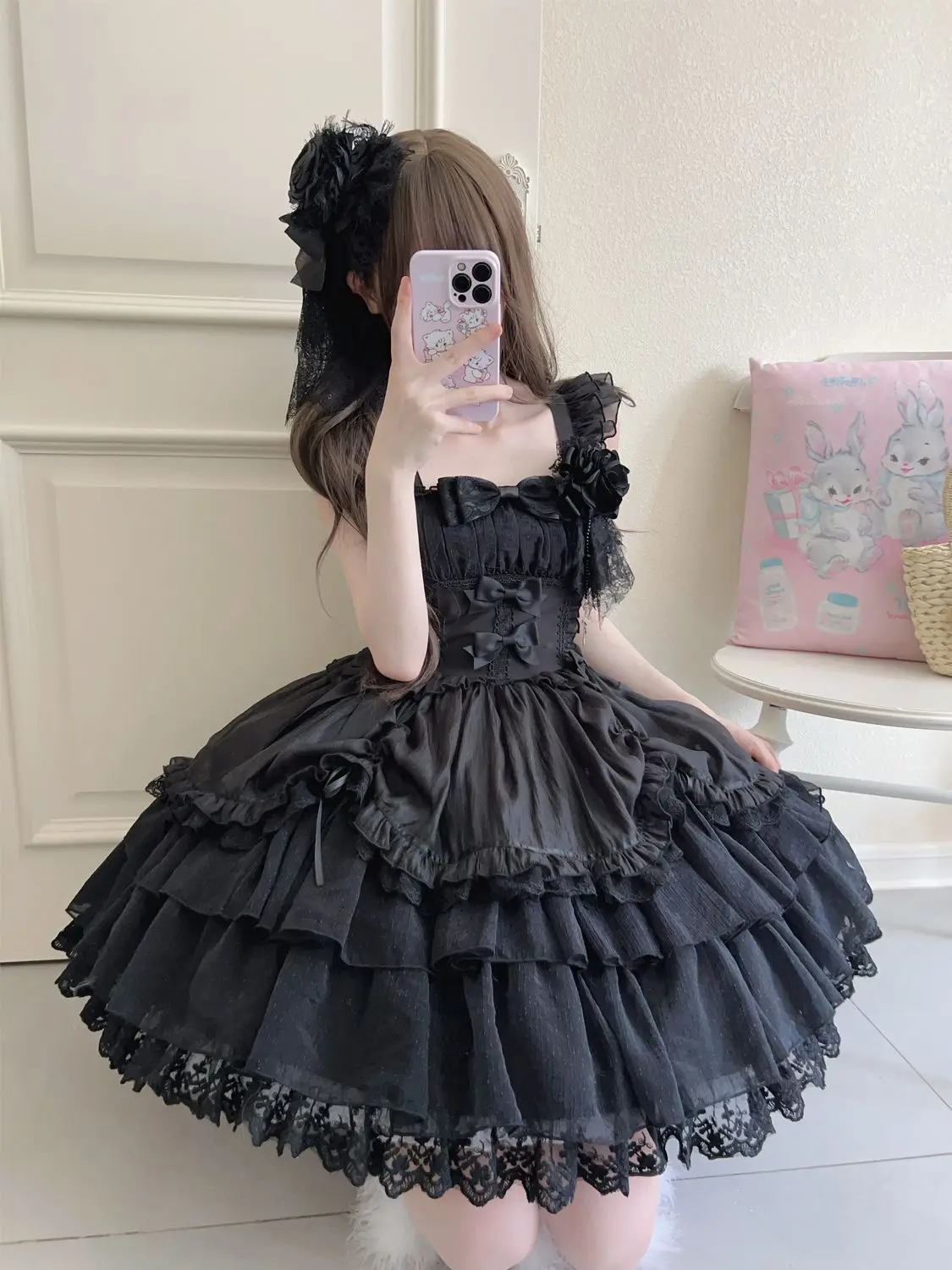 Oryginalny Projekt Nowa Letnia Sukienka Lolita Damska Słodka Kwiatowa Sukienka Ślubna Koronkowa Kokarda JSK Sukienka na Ramiączkach Czarno-Biała Księżniczka 2025