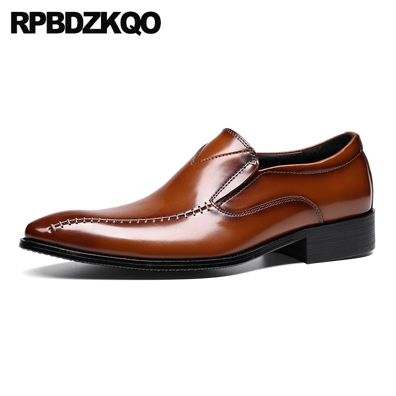 

Genuine Leather Custom Elegant Handmade Dress Shoes Pointed Toe Brown Business Men Flats Stylish Formal Patent Slip On Korean