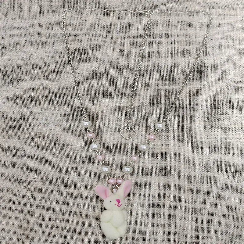 Kawaii Soft Plush Bunny Pendant Necklace Cute Fashion Animal Pink Beaded Chain Y2K Fairy core Coquettish Aesthetic Jewelry Gift